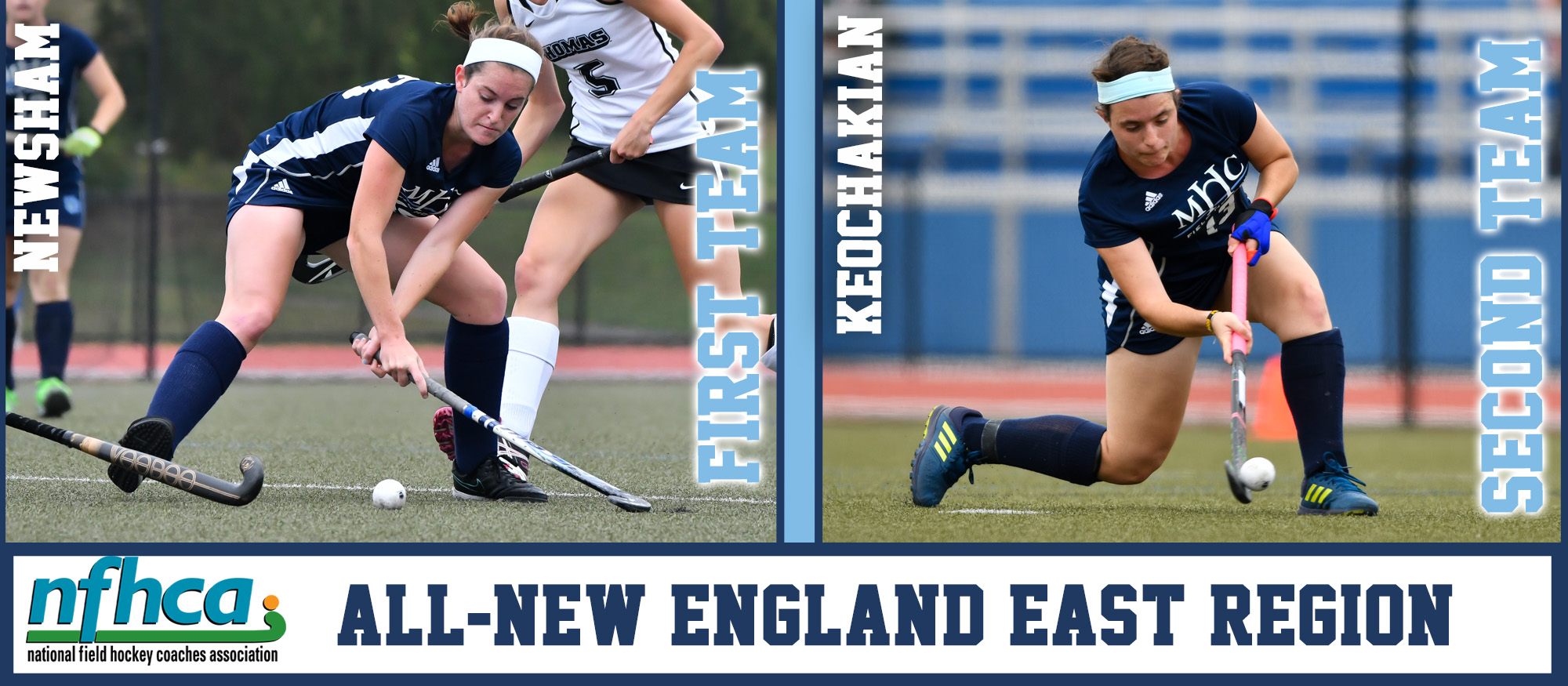 Graphic promoting the 2018 All-Region Field Hockey selections, Colby Newsham and Mirjam Keochakian