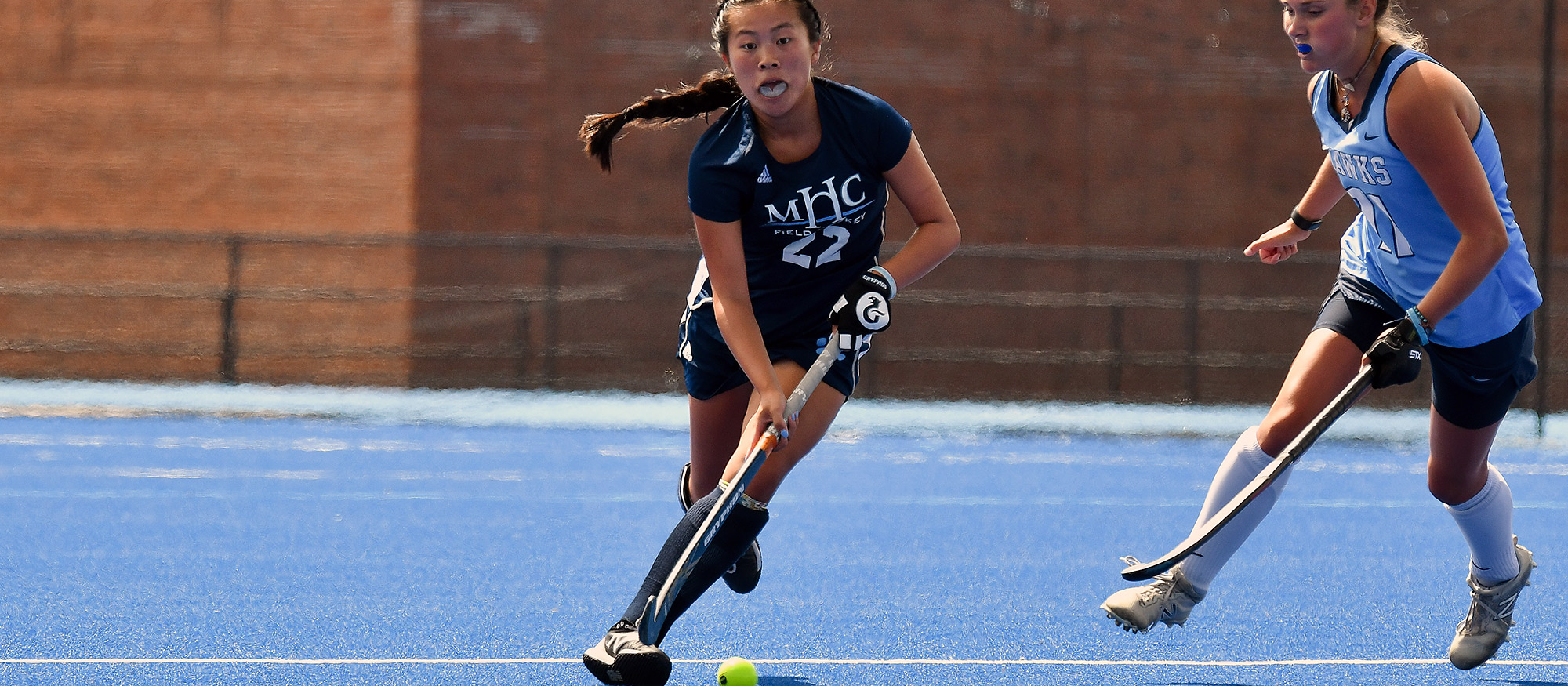 Anna Induni scored the first two goals in Mount Holyoke's 5-0 victory at Regis College on Sept. 21, 2022. (File photo by Bob Blanchard/RJB Sports)