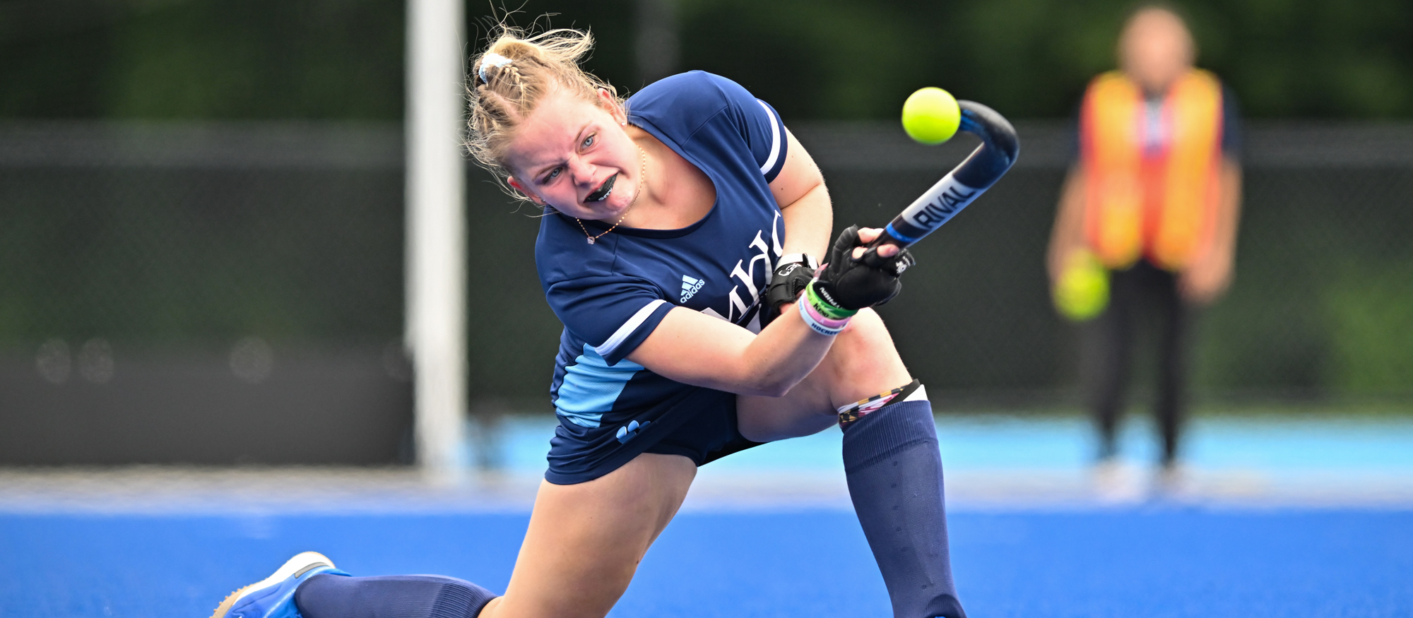 Linnea Alsted netted Mount Holyoke's first goal of the season against Thomas College on Aug. 31, 2024. (Bob Blanchard/RJB Sports)