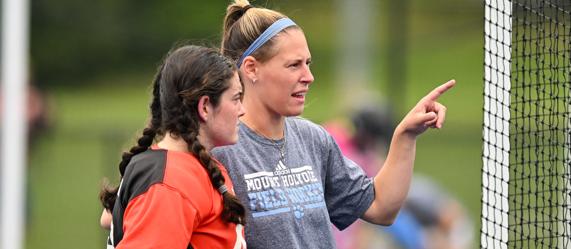 Laurissa Montigny '23, shown with former teammate Rachel Katzenberg '25, is beginning her coaching career as the first full-time assistant coach for the Mount Holyoke field hockey and lacrosse teams. (RJB sports file photo)