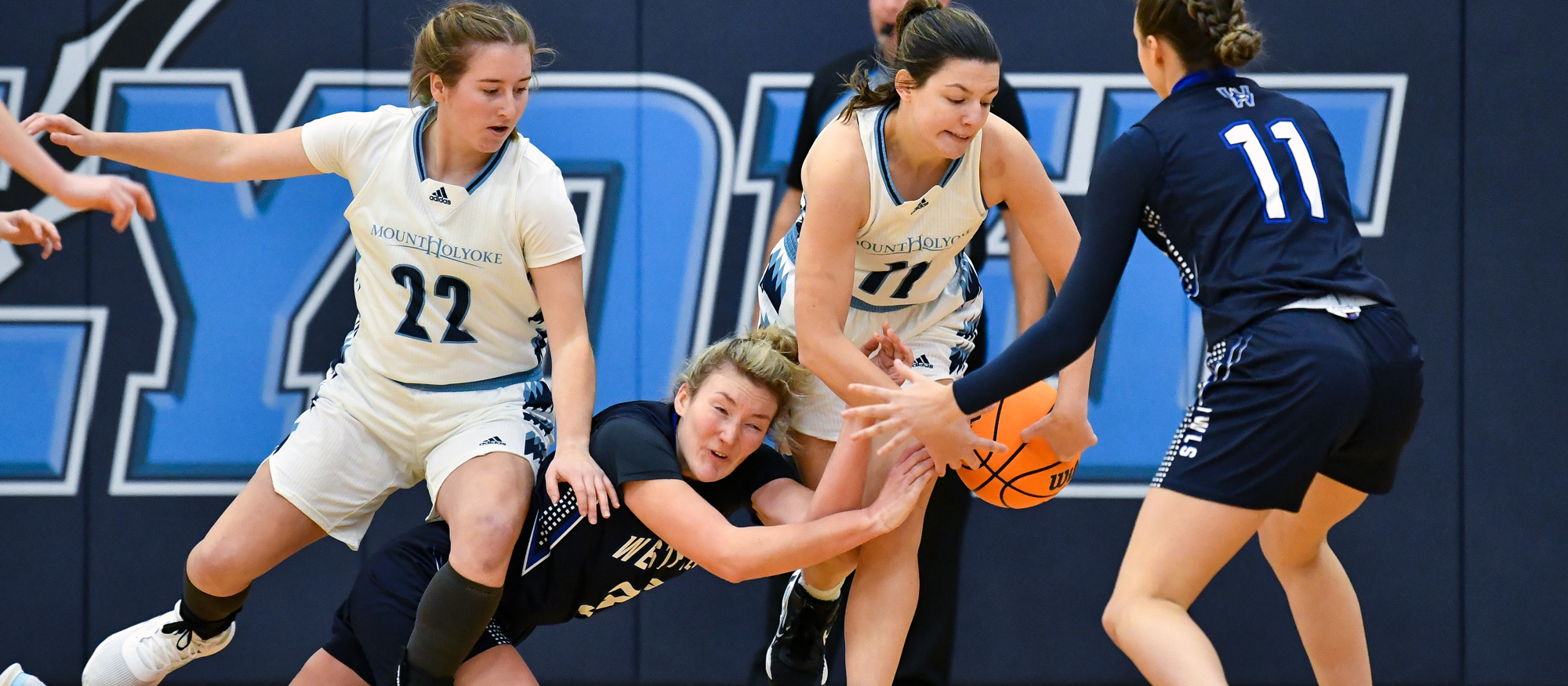 Kendall Maurer (left) and Isabel Cordes (right) combined for 11 points and 13 rebounds in Mount Holyoke's loss at Coast Guard on Feb. 1, 2023. (RJB Sports file photo)