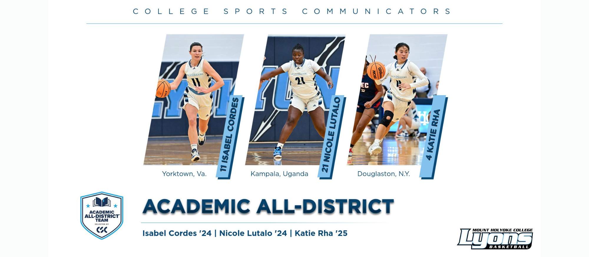 Basketball team's Cordes, Lutalo and Rha receive CSC Academic All-District honors