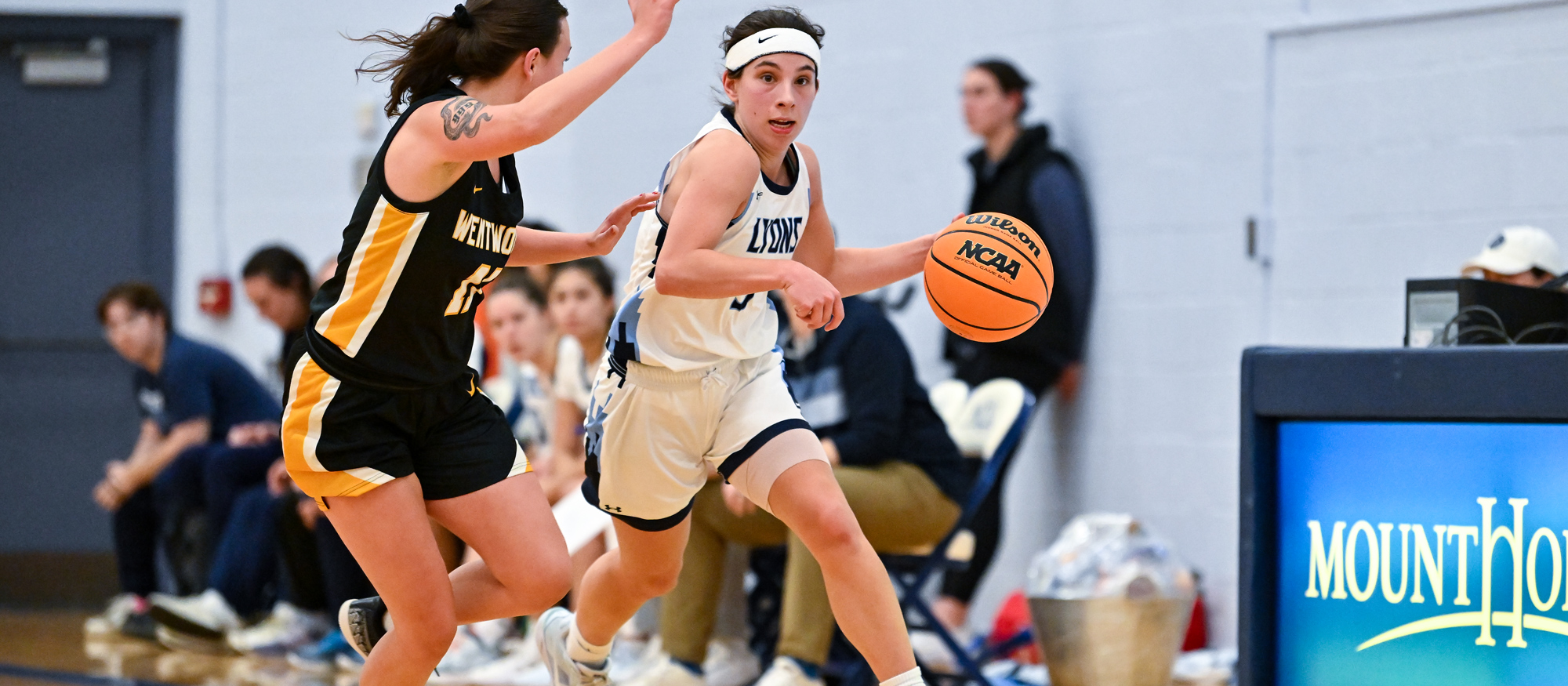 Alex Twomey scored 15 points in her fifth double-digit effort in six games on the season in Mount Holyoke's 73-60 loss at Anna Maria on Nov. 26, 2024. (RJB Sports file photo)