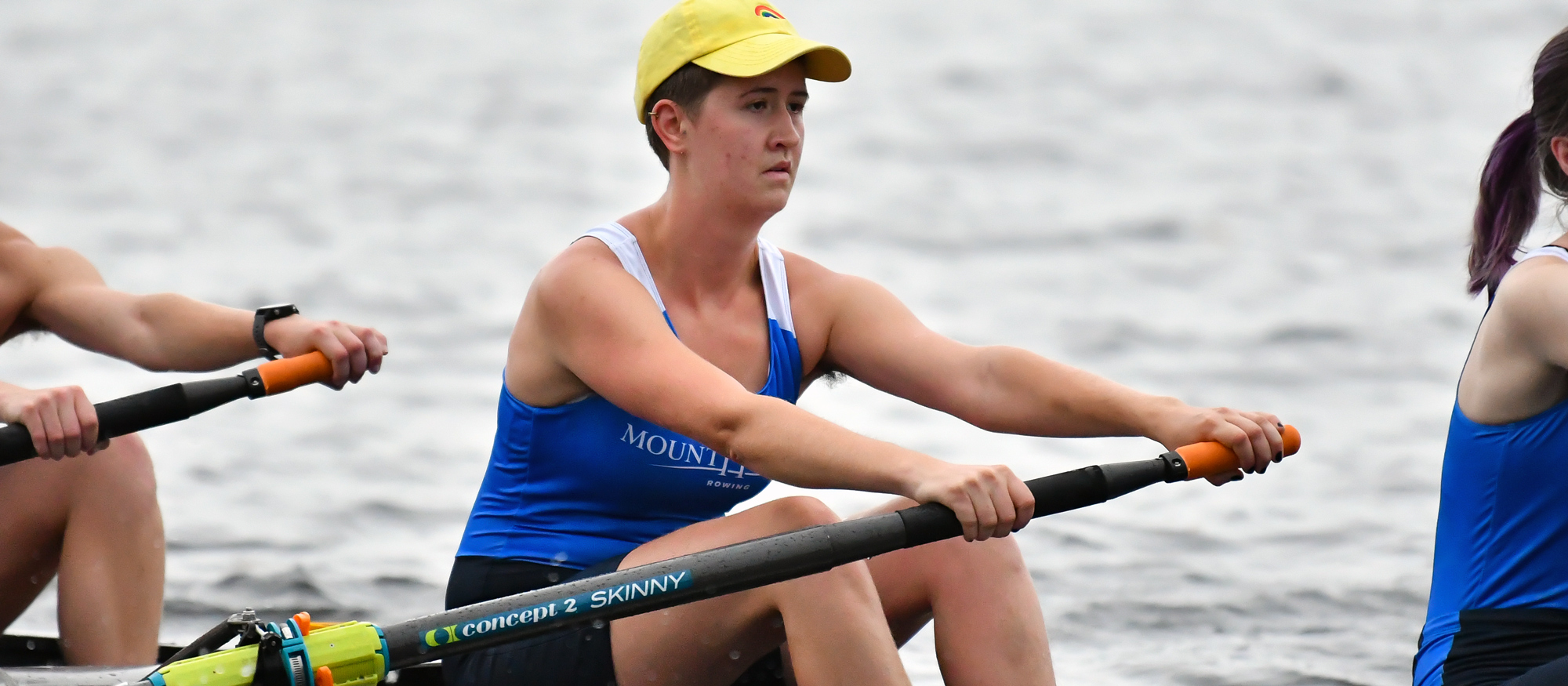 Piper LaPointe and the Mount Holyoke first varsity eight placed a close third out of six boats in its spring opener at Skidmore on April 1, 2023. (RJB Sports file photo)