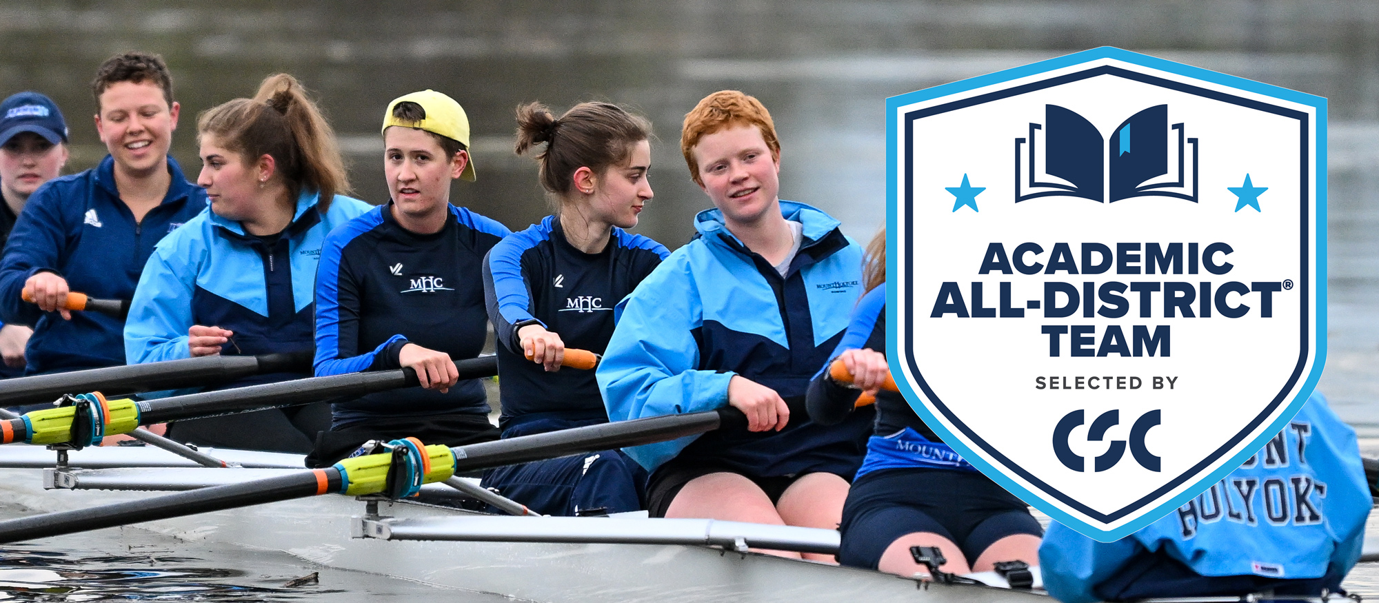 Three members of the Mount Holyoke College rowing team received Academic All-District At-Large honors, announced May 25, 2023 by College Sports Communicators (formerly CoSIDA), in Jocelyn Greer (left), Piper LaPointe (center), and Emma Waldron (right). (RJB Sports file photo)