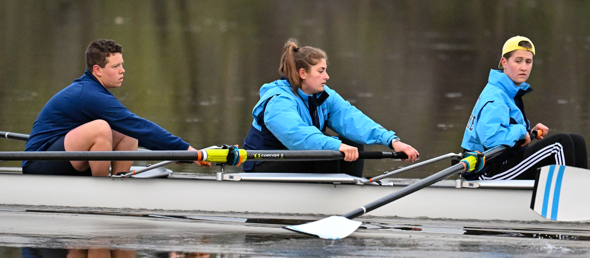 Featuring (left to right) Jocelyn Greer, Jill Slatch, and Piper LaPointe, the Mount Holyoke first varsity eight placed third out of seven boats in the Third-Level Final at the National Invitational Rowing Championship on May 12, 2023. (RJB Sports file photo)