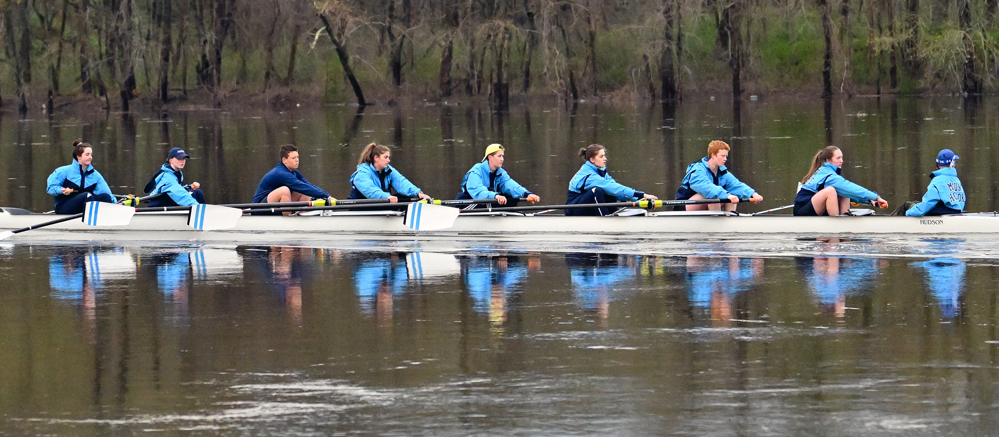 Mount Holyoke's first varsity placed sixth out of seven boats at the NEWMAC Championships on April 29, 2023. Winning Second Team All-NEWMAC honors were Jocelyn Greer (third from left) and Emma Waldron (third from right). (RJB Sports file photo)