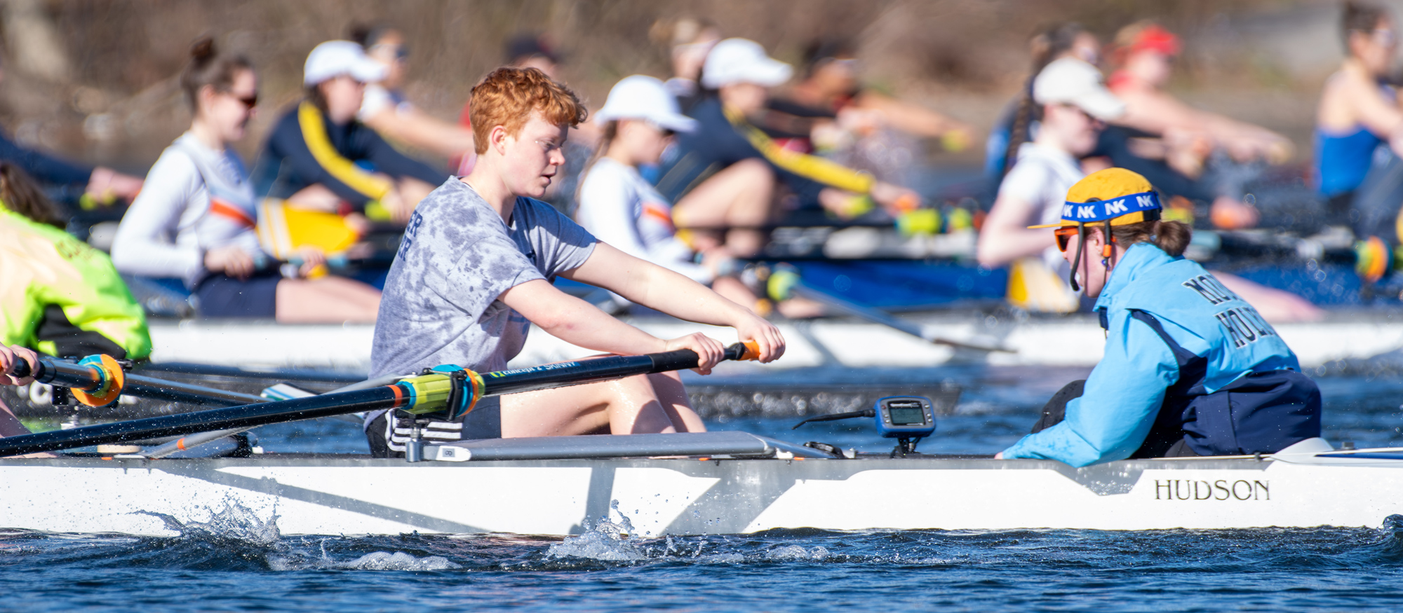 Emma Waldron (left) and coxswain Tobin Mayo-Kiely helped Mount Holyoke place sixth at the NEWMAC Championships on April 27, 2024. (Katie Morrison O'Day/Courtesy of WPI)