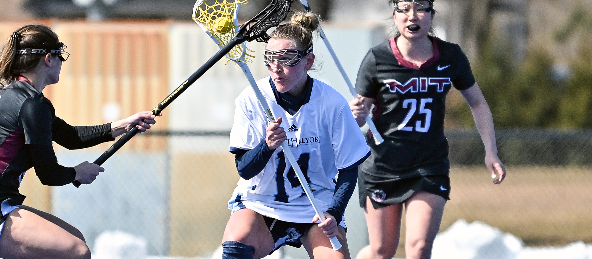 Emi Bisson was everywhere for Mount Holyoke in a 22-11 victory over Rhode Island College on March 22, 2023, as she totaled seven goals, four assists and 14 ground balls. (RJB Sports file photo)