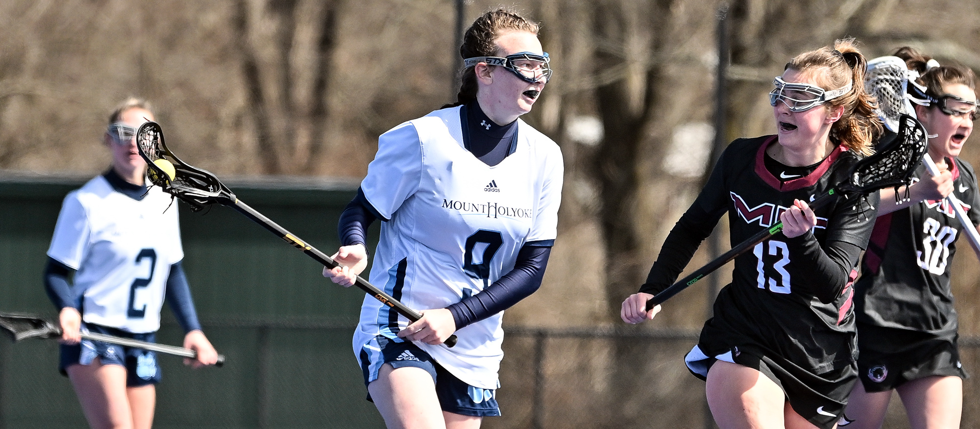 Sophomore captain Ella Phillips scored three goals in Mount Holyoke's 16-11 loss at Clark University on April 26, 2023, in the Lyons' season finale. (RJB Sports file photo)
