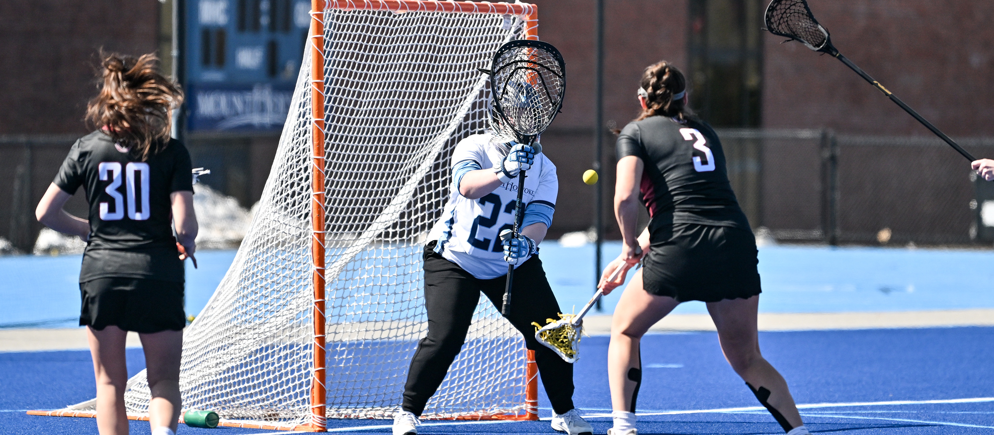 Emma Tower made 16 saves in Mount Holyoke's 10-6 loss to Wellesley on April 22, 2023. (RJB Sports file photo)