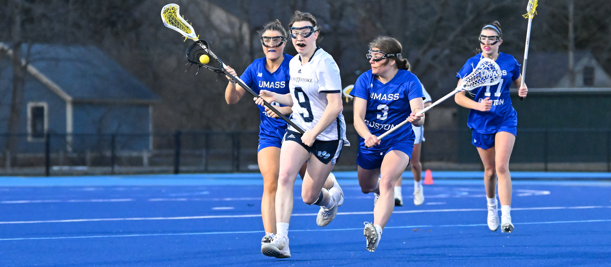 Ella Phillips scored two goals and added an assist in Mount Holyoke's 21-11 loss to Wheaton on March 30, 2024. (RJB Sports file photo)