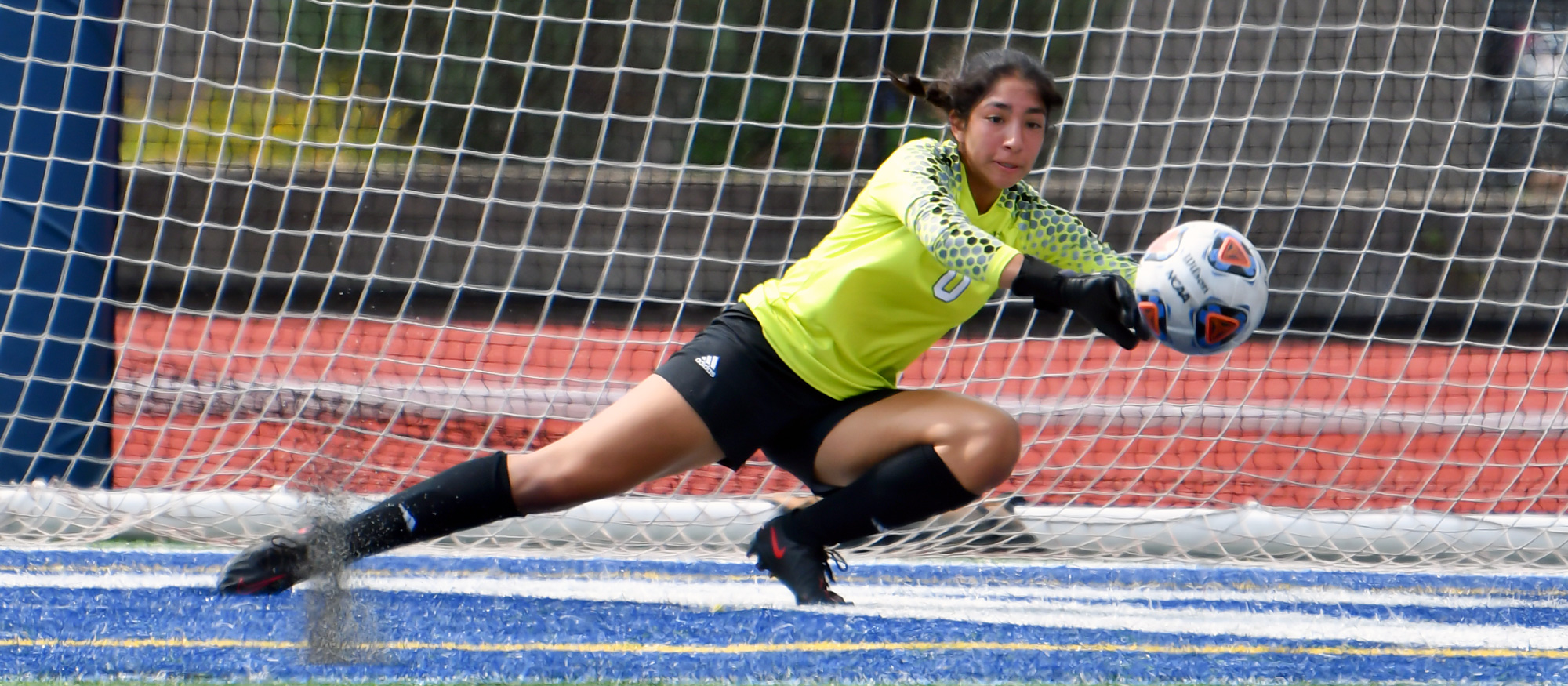 Clarissa Govea made seven saves in her first collegiate shutout, as Mount Holyoke defeated Colby-Sawyer 1-0 on Sept. 7, 2022. (RJB Sports file photo)