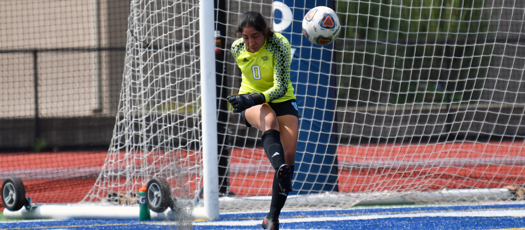 Clarissa Govea made 15 saves and allowed two goals on close-range free kicks in Mount Holyoke's 2-0 loss to Emerson on Oct. 1, 2022. (RJB Sports file photo)