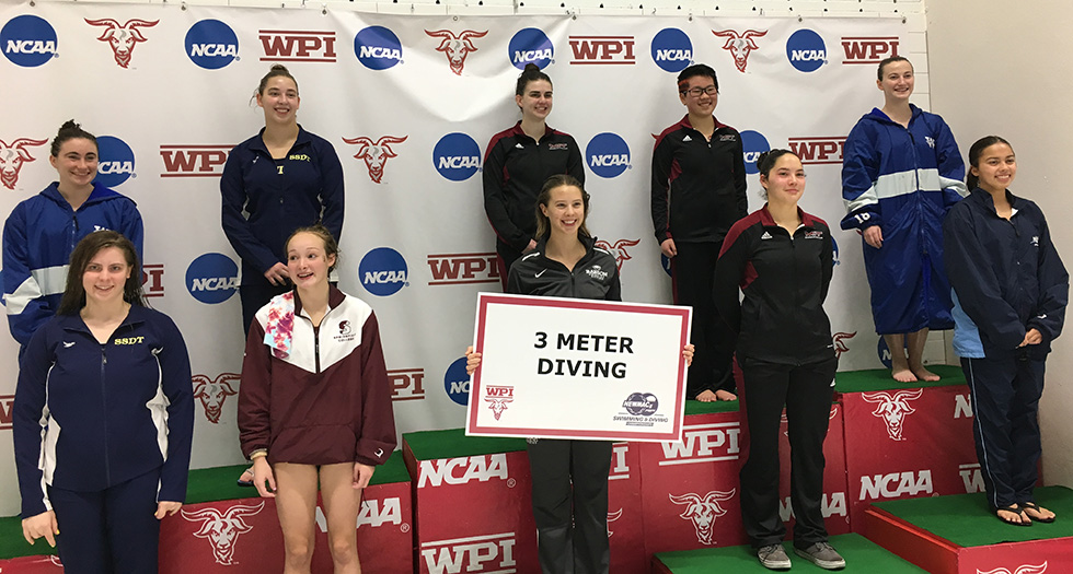 (Front Row; Immediate Right) Samantha Nemivant '20 finishes sixth in the 3-meter diving event at NEWMACs.