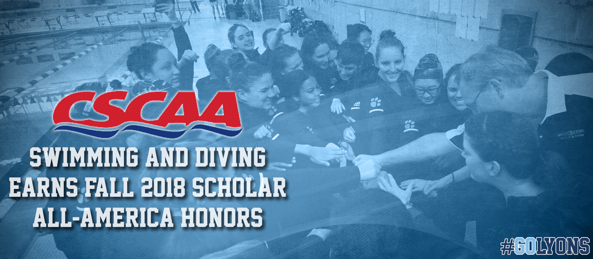 Team huddle graphic for the squad's honoring as a CSCAA Scholar All-America Team for Fall 2018.