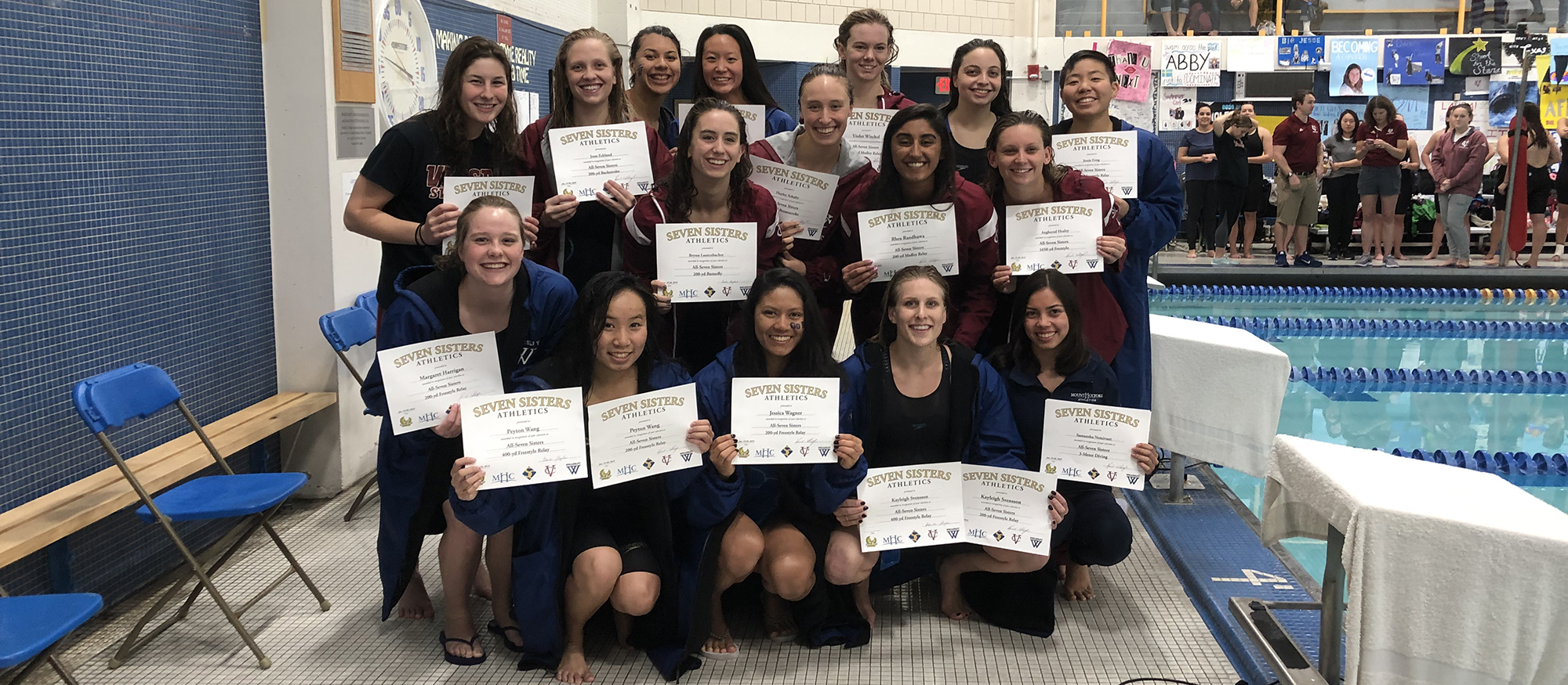 Mount Holyoke junior diver Samantha Nemivant is pictured with all the other Seven Sisters Champions from the 2019 meet. She is in the front row on the far right.