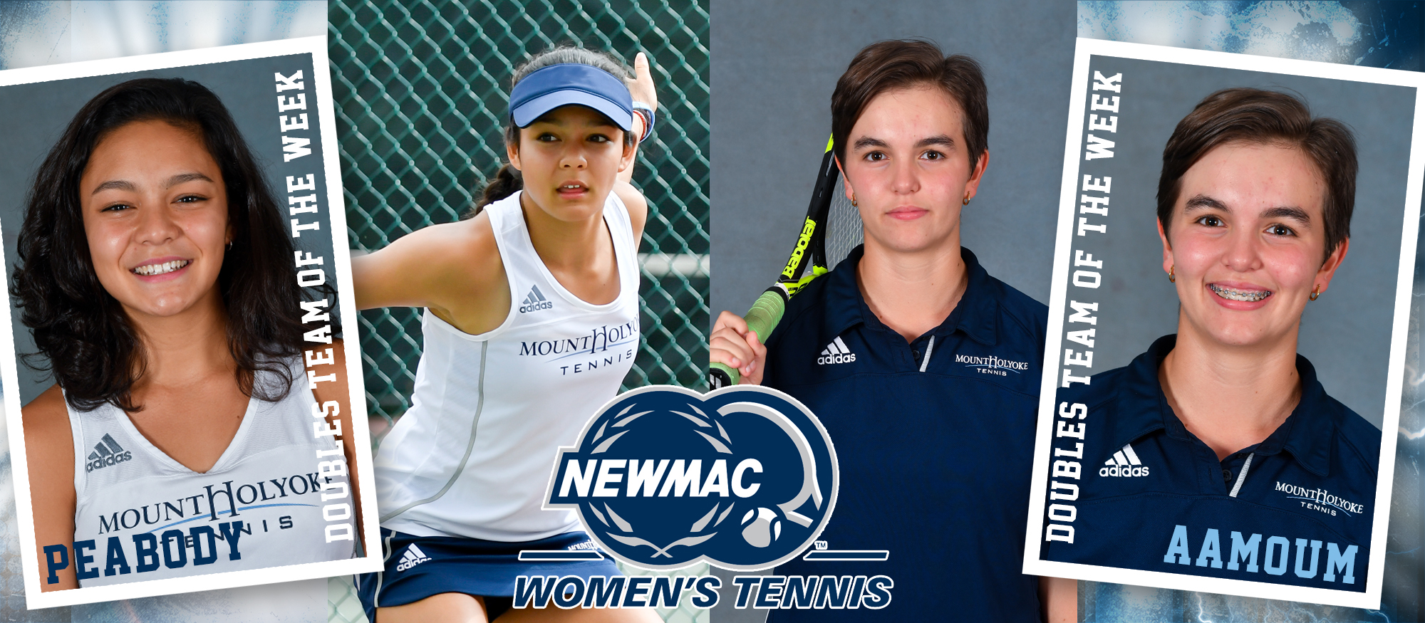 Photo featuring Lyons tennis players Catherine Peabody (left) and Annissa Aamoum (right) for being named NEWMAC Doubles Team of the Week on Mar. 18th, 2019.