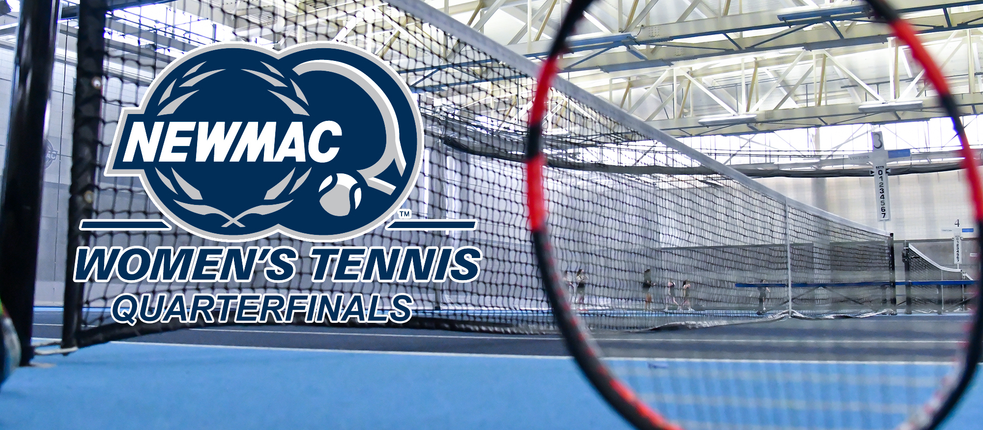 Image of a tennis net, court and racquet to promote the 2019 NEWMAC Tennis Quarterfinal match.