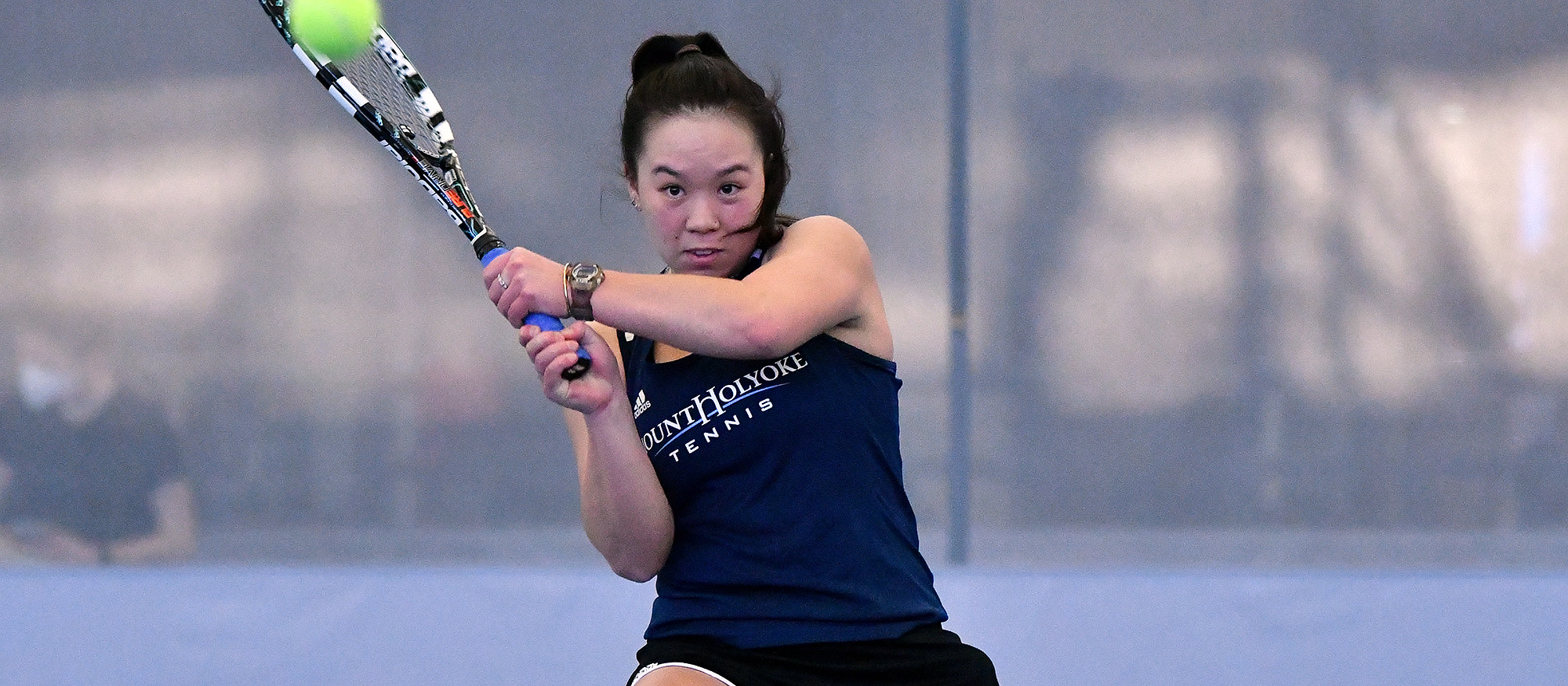 Sophomore captain Annika Chai won at both No. 1 doubles and No. 1 singles in Mount Holyoke's 6-3 loss at the College of the Holy Cross on Sept. 15, 2022. (RJB Sports file photo)