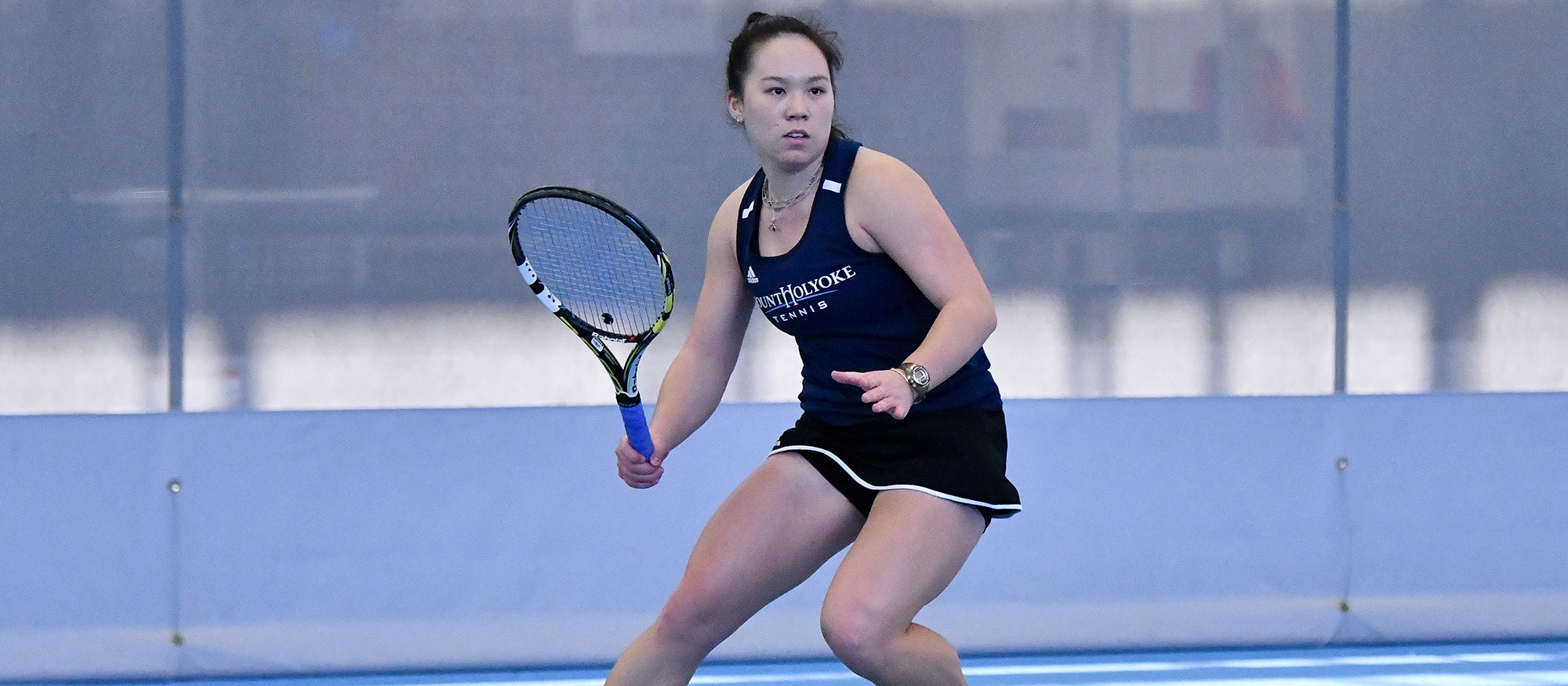 Sophomore captain Annika Chai won at both No. 1 doubles and No. 1 singles in Mount Holyoke's 6-3 loss at the College of the Holy Cross on Sept. 15, 2022. (File photo)