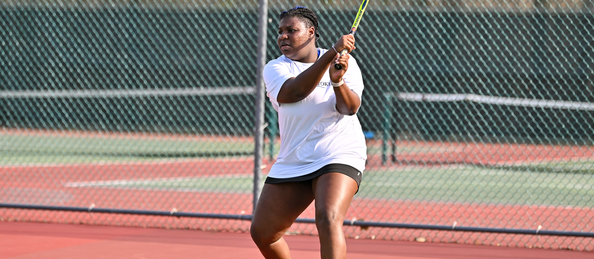 Kennedy Bagley-Fortner swept her opponents at third doubles and sixth singles in Mount Holyoke's 9-0 win over Gordon College on Feb. 24, 2024. (RJB Sports file photo)