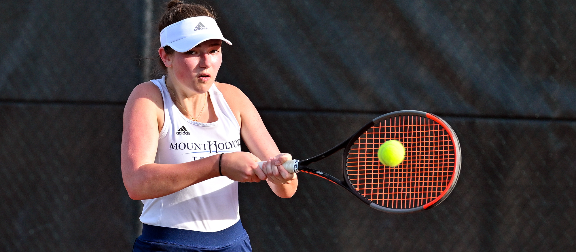 Kate Vavra won at No. 3 doubles and No. 3 singles in Mount Holyoke's 9-0 victory at Simmons on April 21, 2023. (RJB Sports file photo)