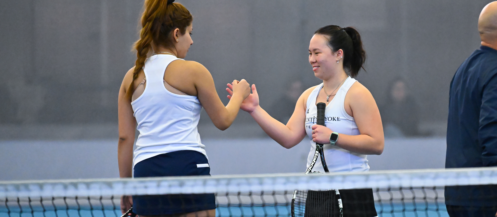 Kirat Kaur (left) and Annika Chai (right) won 6-2 at No. 1 singles to give Mount Holyoke an early lead against Bates in a 7-0 loss on March 2, 2024. (RJB Sports file photo)