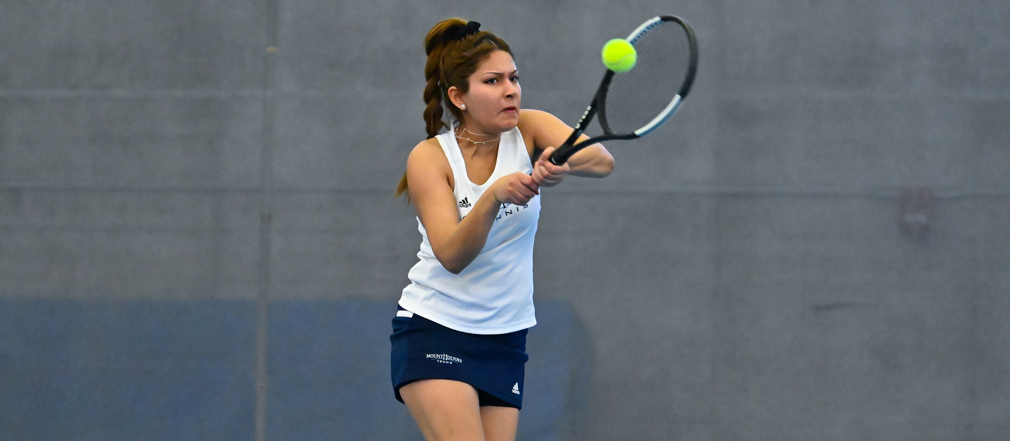 Kirat Kaur won 8-2 at No. 1 doubles with Annika Chai and 6-0, 6-2 at No. 2 singles in Mount Holyoke's 8-1 victory at Salve Regina University on April 20, 2024. (RJB Sports file photo)