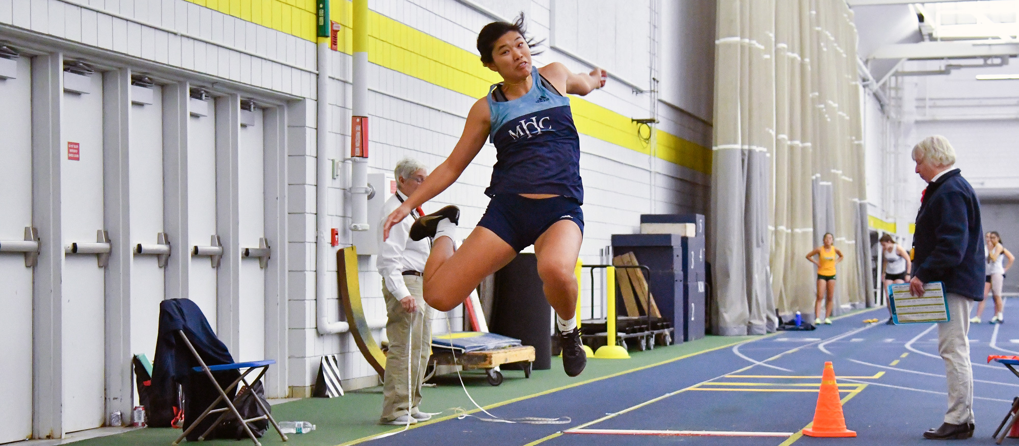 Elle Rimando moved into fifth place on Mount Holyoke's all-time performance list in the long jump at the Tufts Cupid Challenge on Feb. 4, 2023. (RJB Sports file photo)