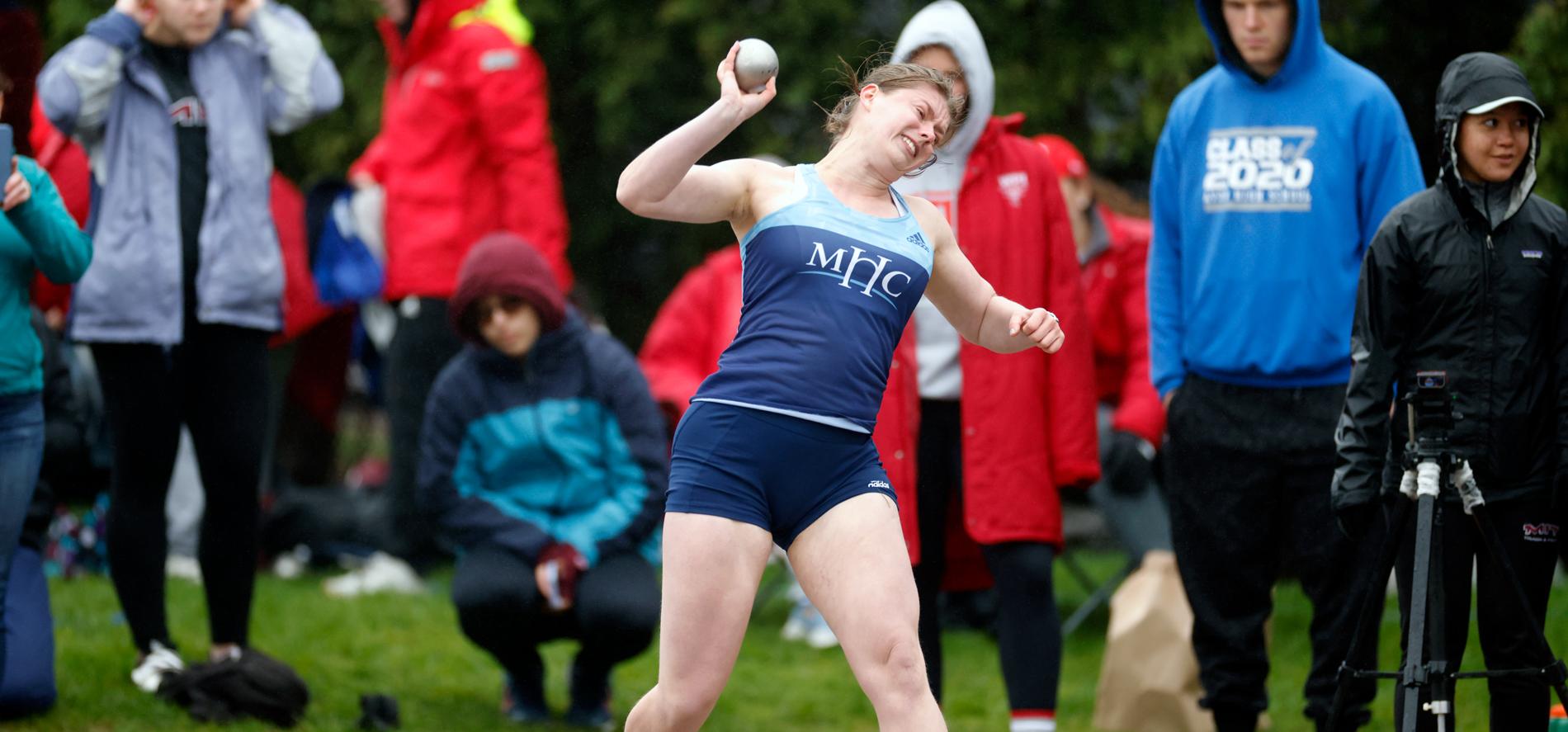 Emma Doyle had a top effort of 11.08 meters in the shot put in her final competition for Mount Holyoke track and field on May 13, 2023 at the NEICAAA Championships in Dedham, Mass. (File photo by Frank Poulin / Courtesy MIT)