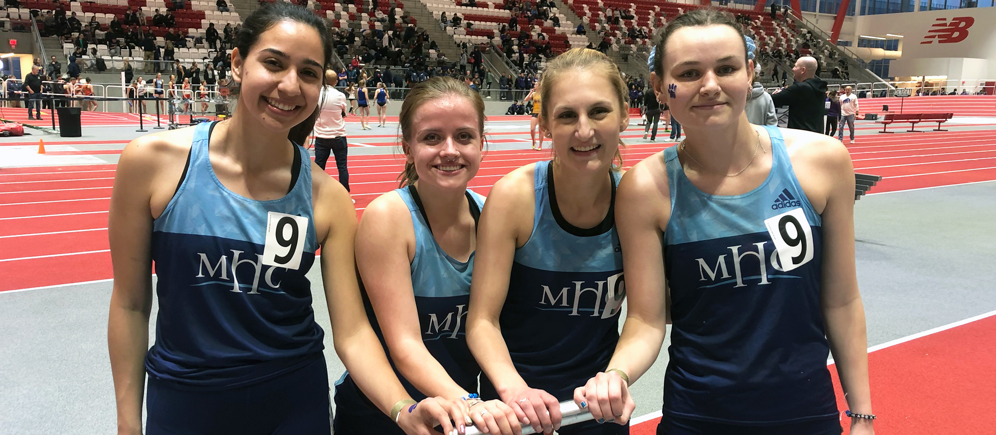 From left to right, Kim Beaver, Greta Trapp, Olivia Johnson and Devan Ravino became the sixth-fastest 4x800 relay team in program history at the New England Division III Indoor Championships at The Track at New Balance. (Jay Hartshorn)
