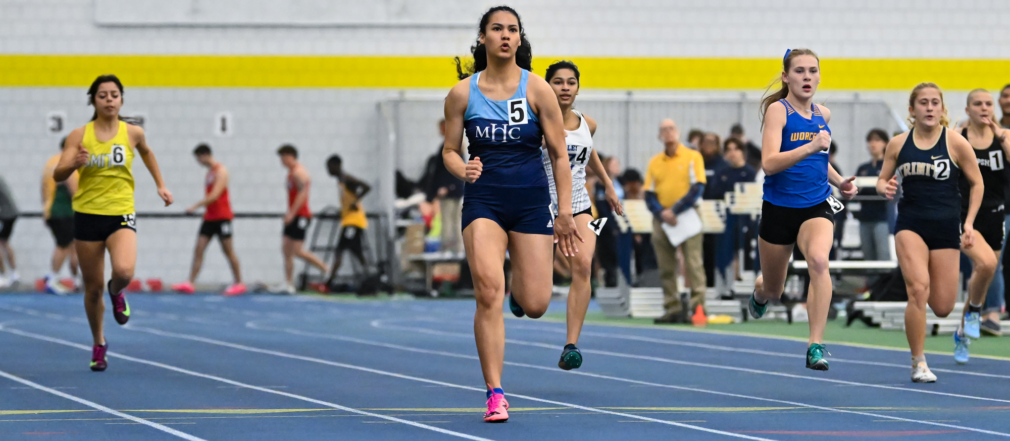 Aria Mallare moved into second place on Mount Holyoke's all-time performance list in the 60-meter dash, one of her three top-three performances at the Mary Grinaker Invitational at Smith College on Dec. 2, 2023. (Bob Blanchard/RJB Sports)