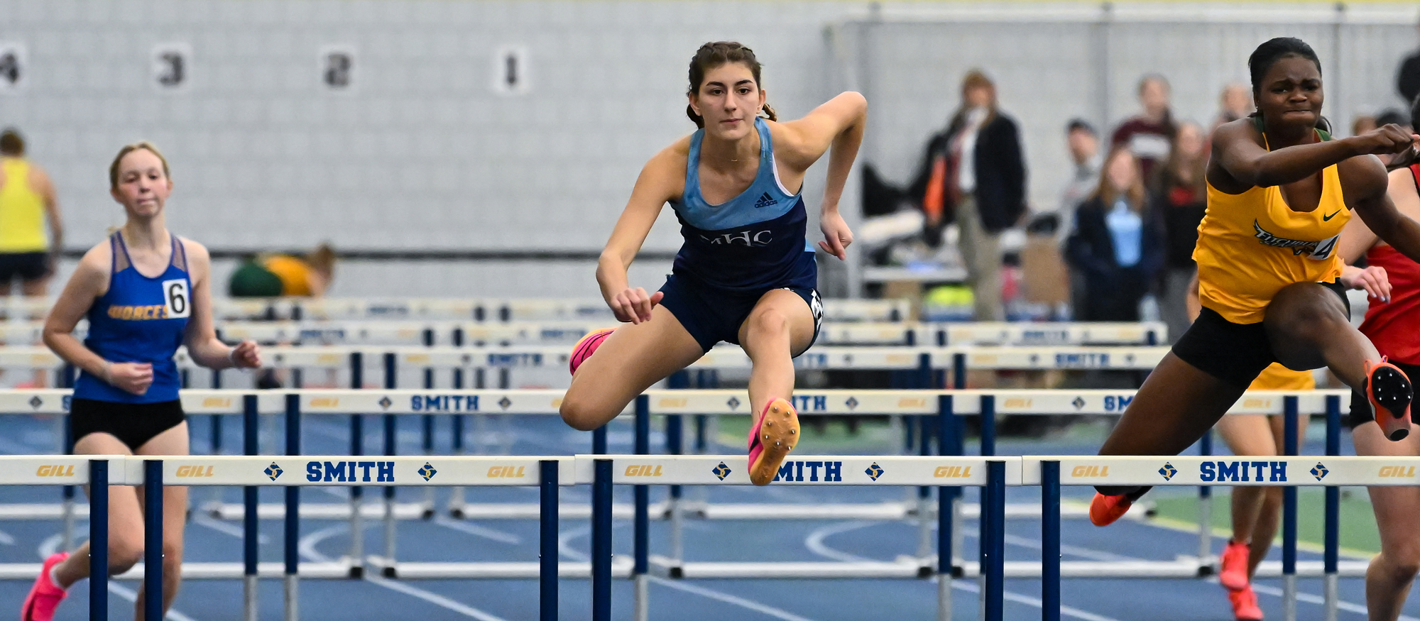 Ioanna Tsoni broke Mount Holyoke's team record in the 60-meter hurdles with a preilminary heat time of 9.17 seconds on Jan. 20, 2024 at Tufts University. (RJB Sports file photo)