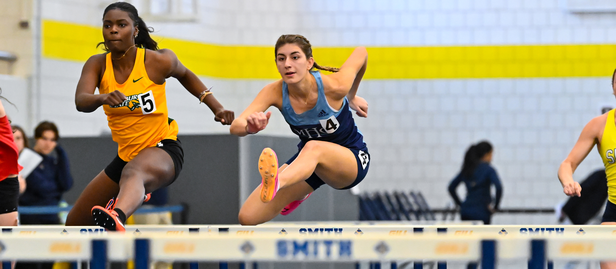 Mount Holyoke first-year Ioanna Tsoni broke the school record in the 60-meter hurdles for the second time this season on Feb. 9, 2024 at the BU Valentine Invitational. (RJB Sports file photo)