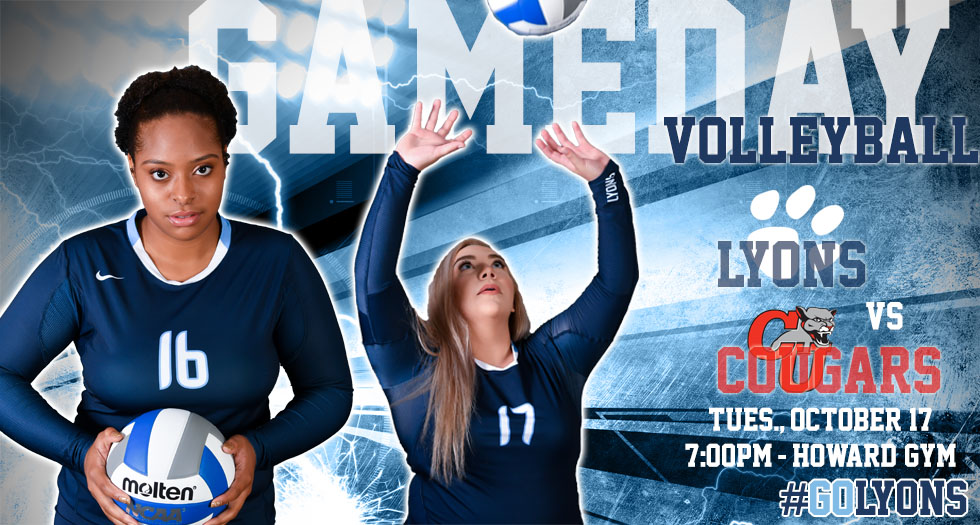 Image promoting Tuesday, October 17th's home volleyball match between the Lyons and Clark University. Pictured are Lyons players Natasha Henry and Brayden Walden.