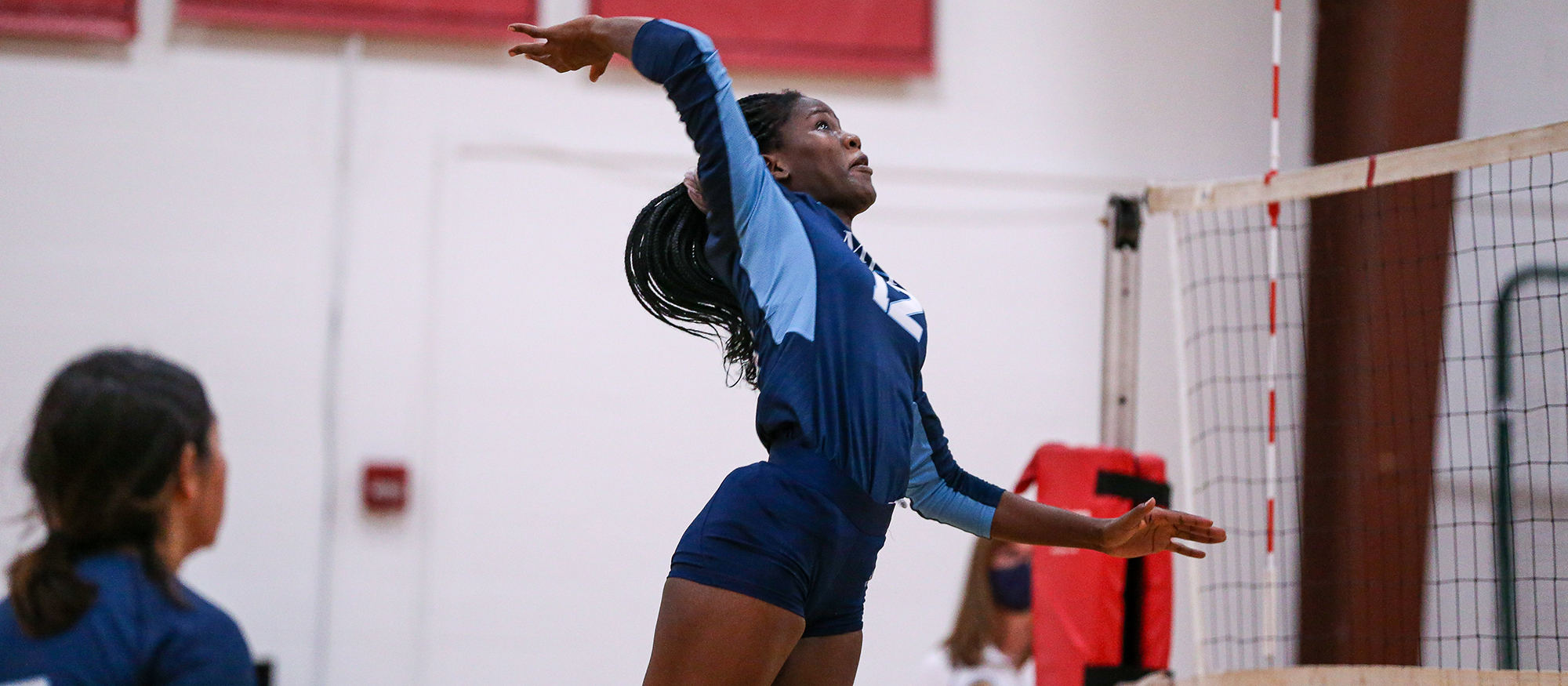 Marion Abeja had four kills, four aces, seven digs and three blocks in Mount Holyoke's home opener against Smith College on Sept. 13, 2022. (RJB Sports file photo)