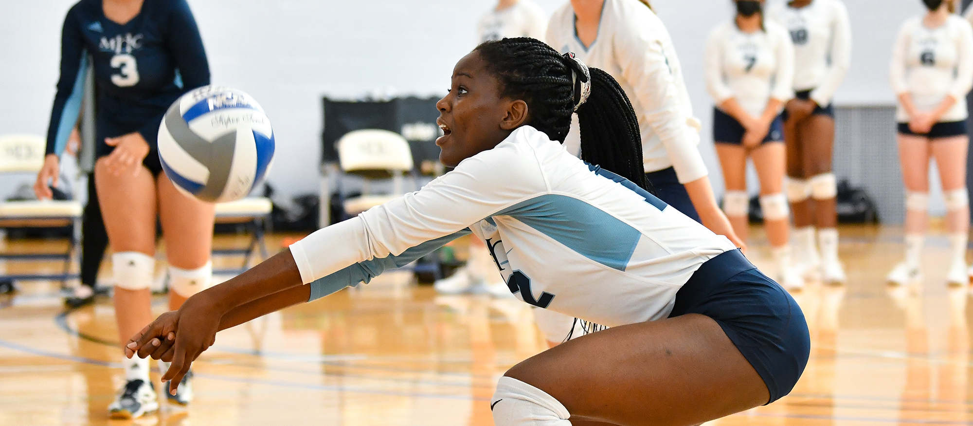 Senior Marion Abeja gave a strong all-around performance, including 33 assists, in her debut as Mount Holyoke's starting setter as the Lyons won 3-2 at the University of St. Joseph in their season opener on Sept. 3, 2022. (RJB Sports file photo)