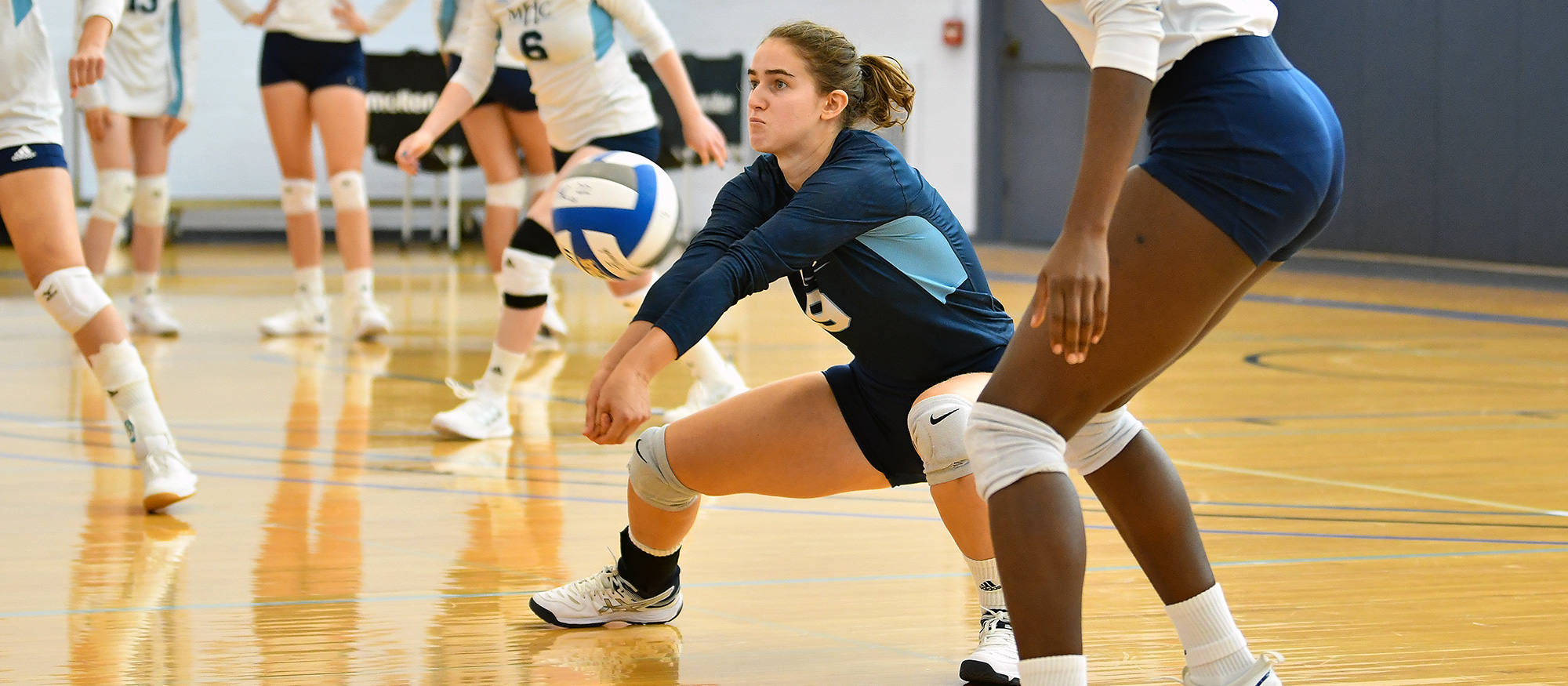 Lucie Berclaz had a combined 26 digs and 20 kills as Mount Holyoke split a pair of matches on Sept. 9, 2023, falling 3-1 to Framingham State and defeating Elms 3-0. (RJB Sports file photo)