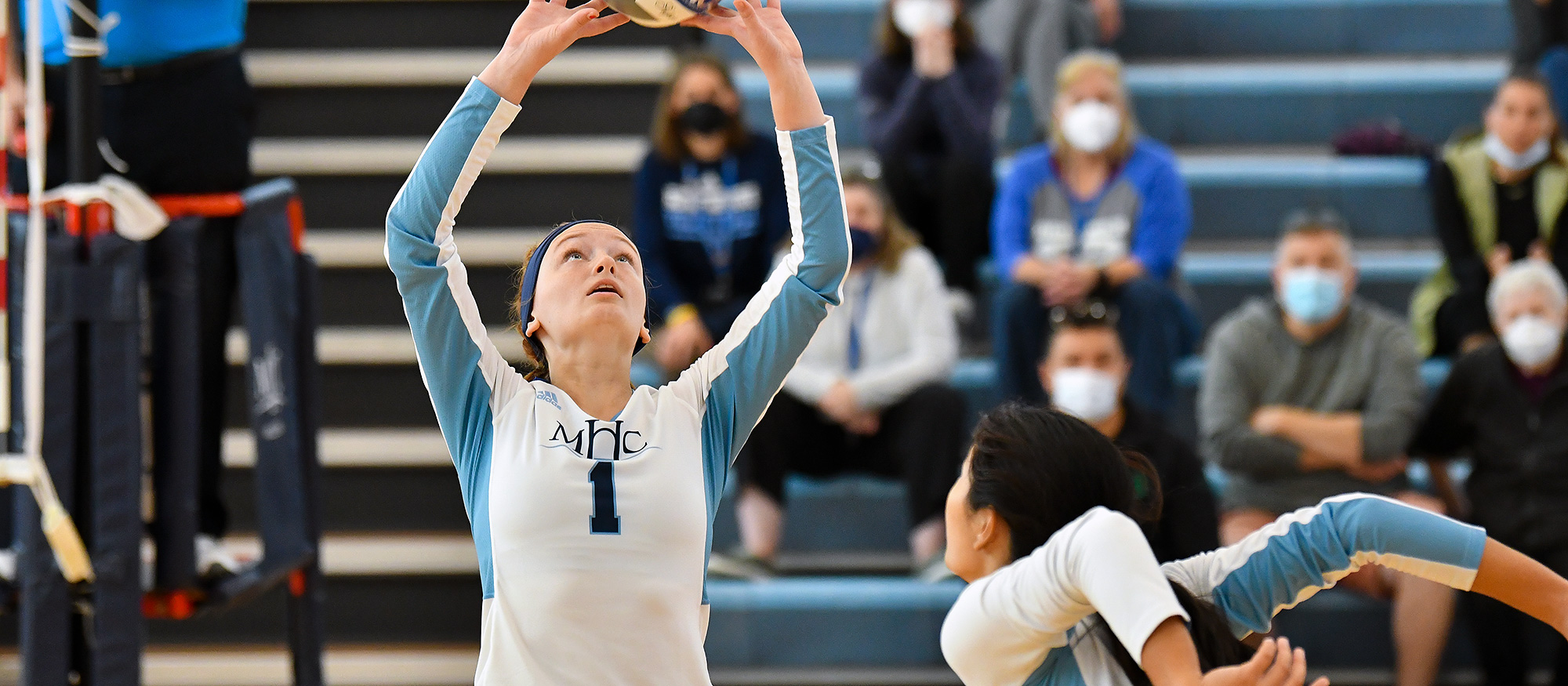Sadie Duffrin had 31 assists, eight aces, three kills and 10 digs in Mount Holyoke's 3-1 win over MCLA on Sept. 7, 2023. (RJB Sports file photo)