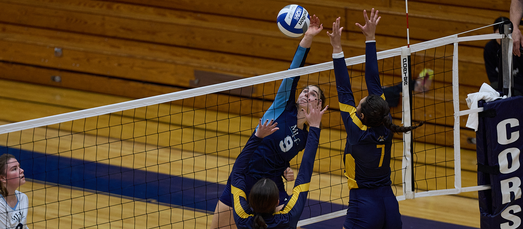 Lucie Berclaz had 11 kills and 14 digs in Mount Holyoke's 3-1 loss to Clark University on Oct. 31, 2023. (File photo courtesy of Micheal Ringor)