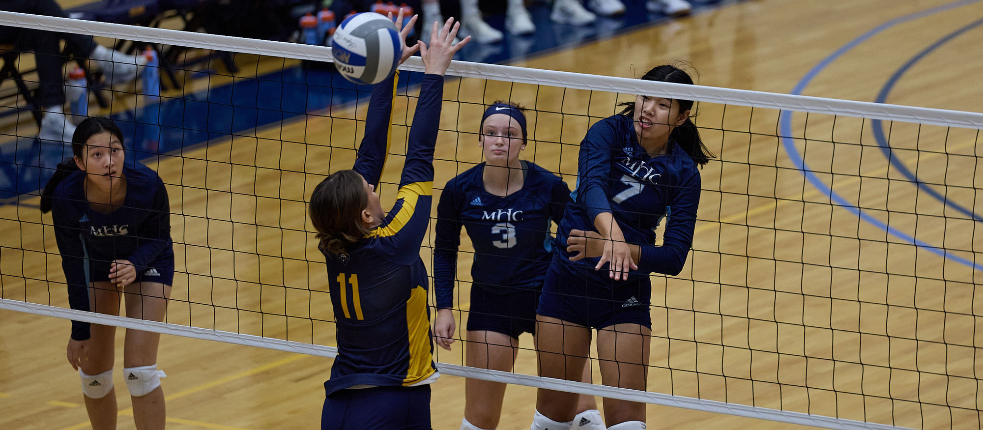 Elle Rimando had six kills and a career-high eight blocks in Mount Holyoke's 3-0 win over Nichols on Oct. 28, 2023. (File photo courtesy of Micheal Ringor)