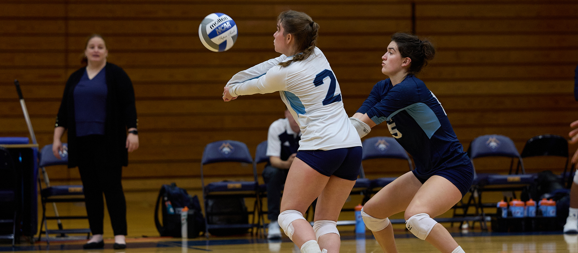 Kyra Staples had a team-high 16 digs in Mount Holyoke's 3-0 loss to Babson on Oct. 3, 2023. (File photo courtesy of Micheal Ringor)