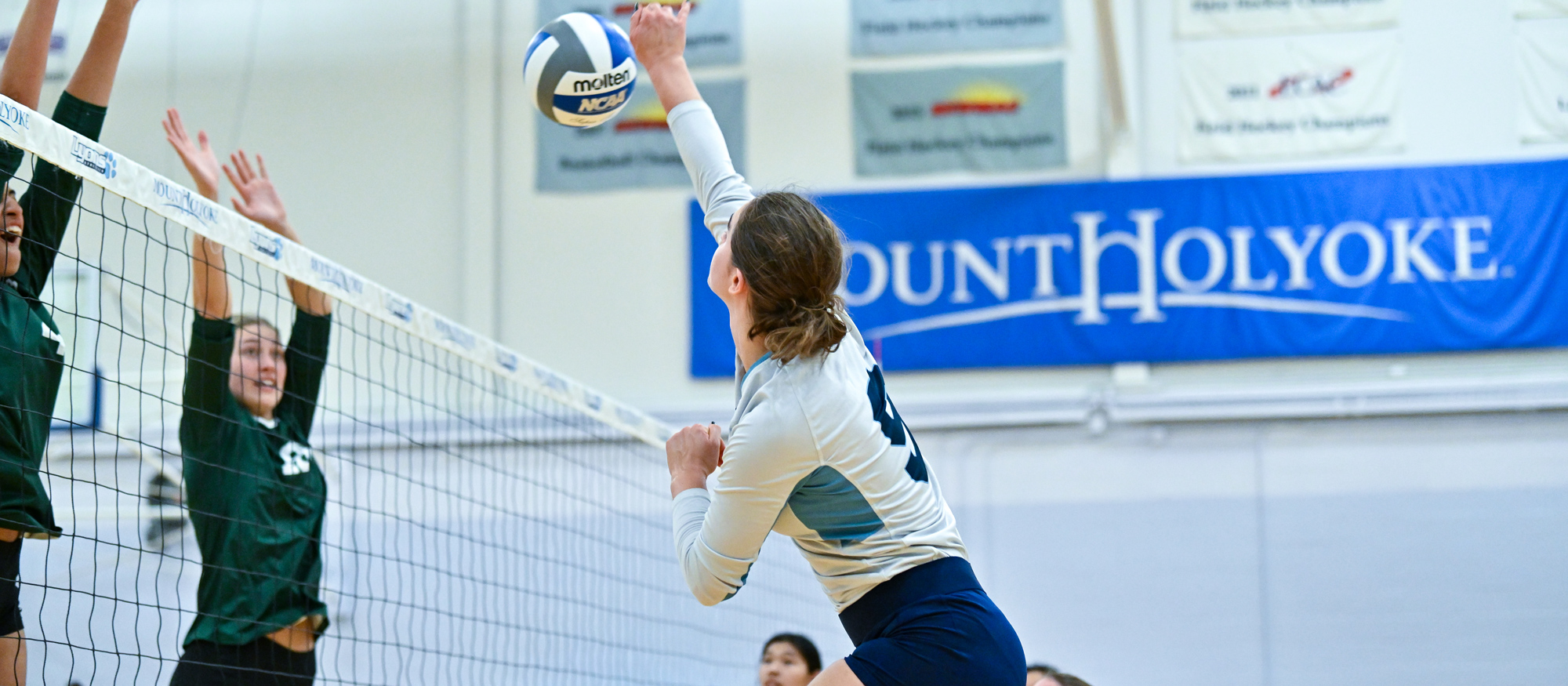 Lucie Berclaz had 13 kills, 21 digs and seven aces as Mount Holyoke fell 3-2 to Coast Guard on Oct. 24, 2023. (RJB Sports file photo)