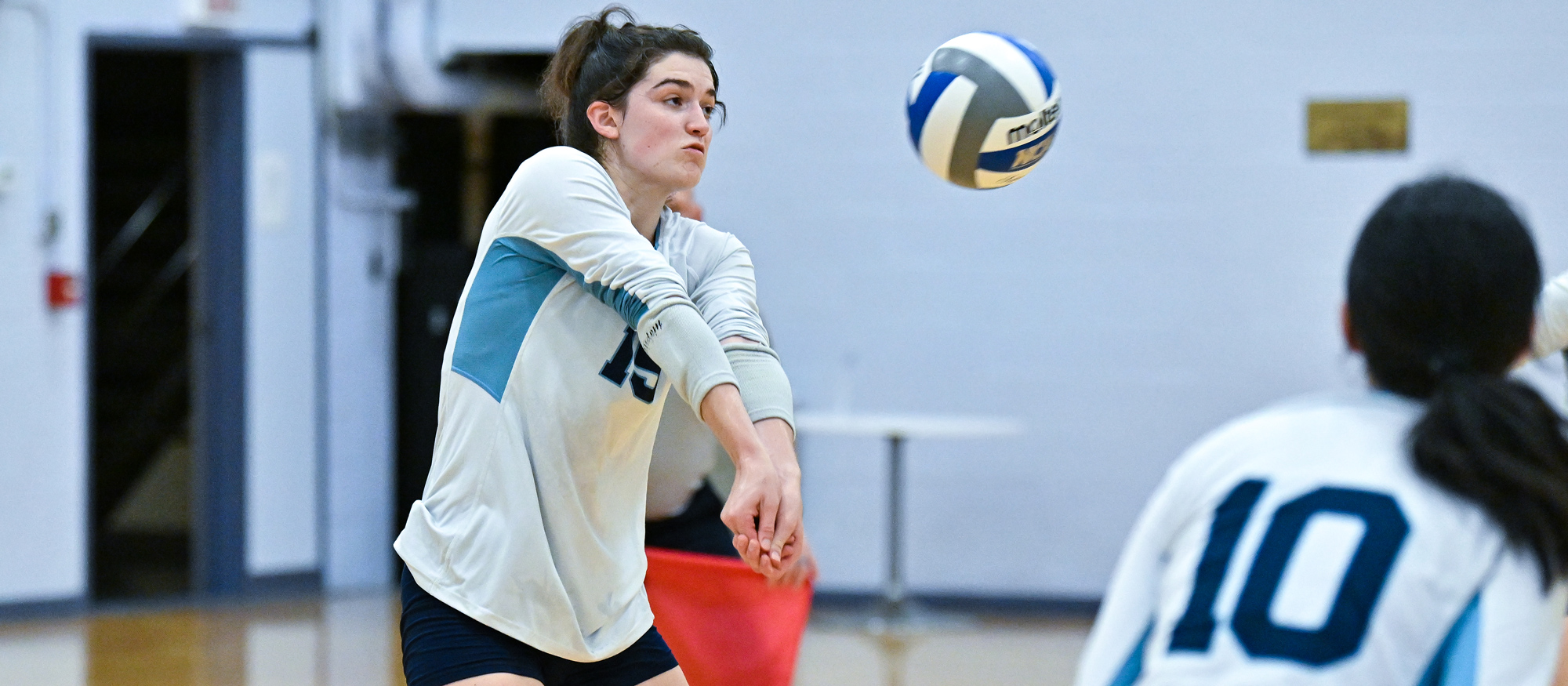 Madeline Barton had 13 kills, 14 digs and two blocks in Mount Holyoke's 3-0 loss at Western New England University on Oct. 6, 2023. (RJB Sports file photo)