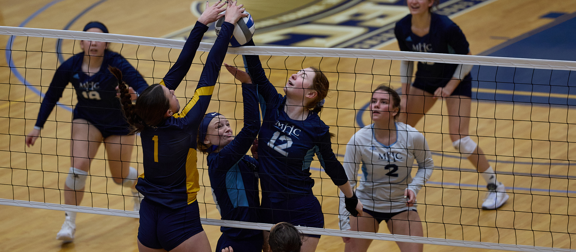 Katie Frank had 10 kills and three blocks in Mount Holyoke's 3-1 victory over Westfield State on Sept. 30, 2023 at MIT. (RJB Sports file photo)