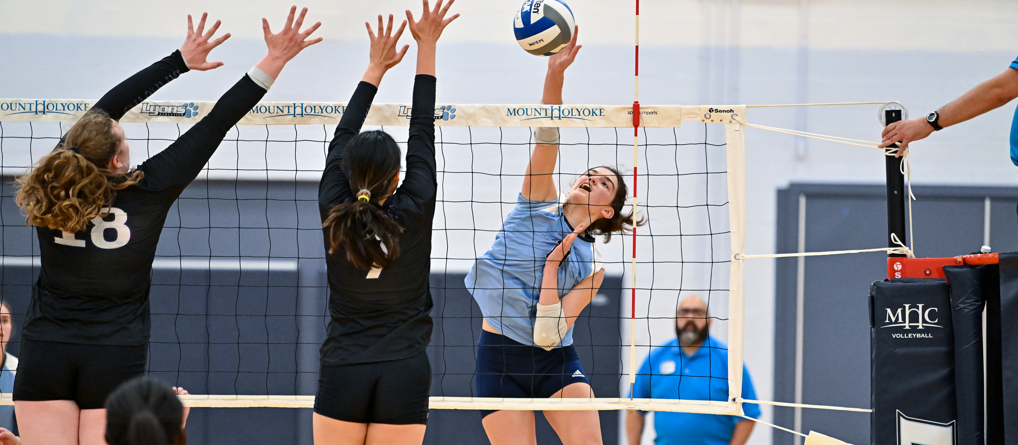 Madeline Barton had a career-high 23 kills in Mount Holyoke's loss to Bay Path on Oct. 25, 2024. (RJB Sports file photo)