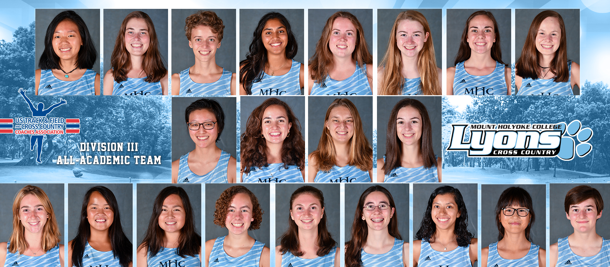 Graphic depicting all 22 student-athletes from the 2018 Lyons cross country team which was named a USTFCCCA Division III All-Academic Team on February 14, 2019.